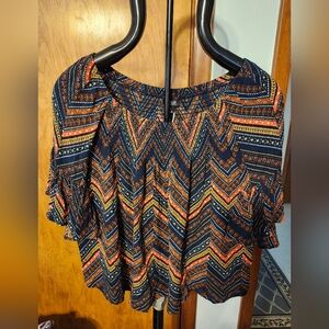 ANA Multi-Colored Stretchy Short Wide Sleeves Elastic Neckline Flowy Top Size L